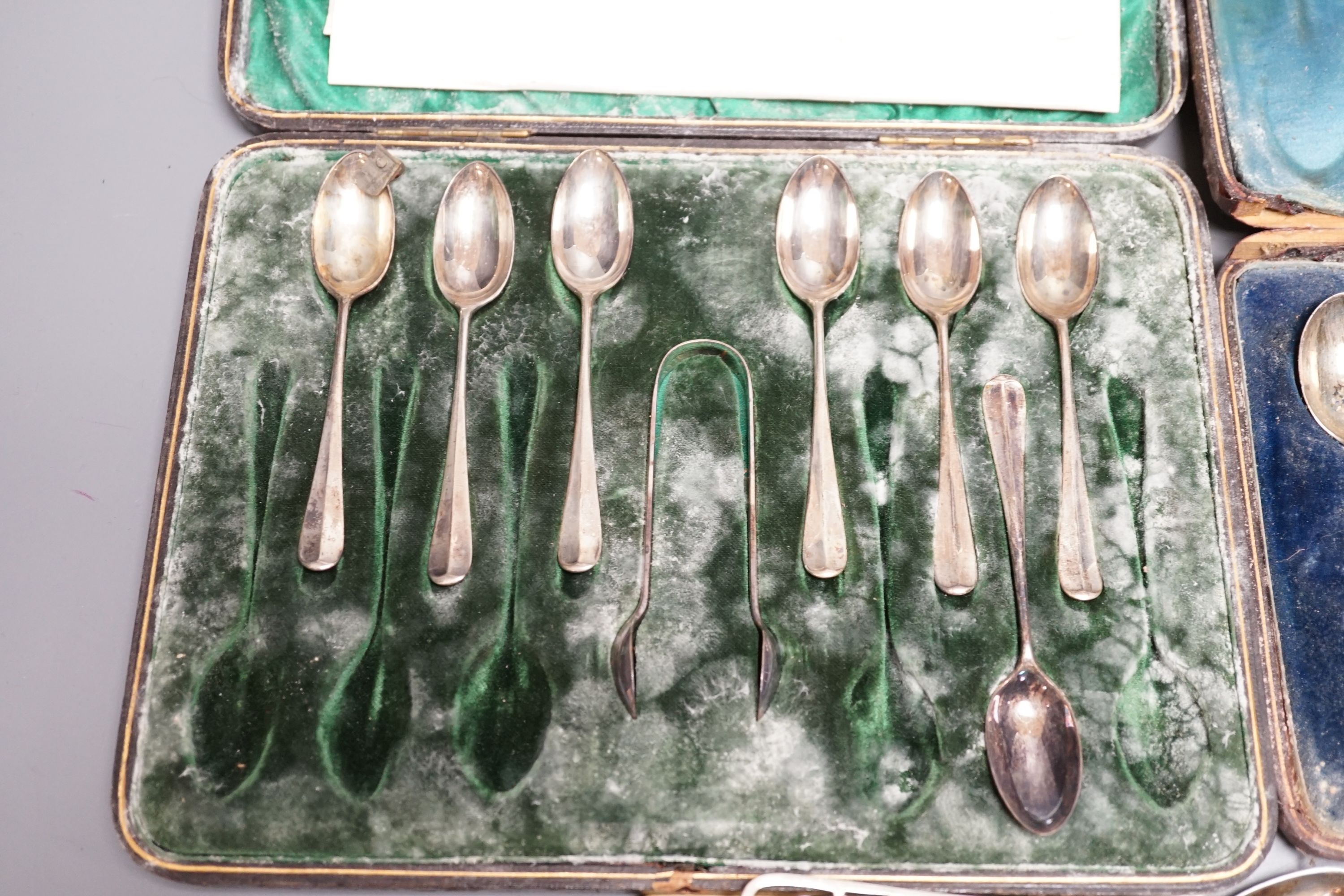 A quantity of 19th century and later assorted silver cutlery, including Edwardian basting spoon, various dates and makers, ten dessert eaters, a set of six Chinese white metal teaspoons by Wang Hing, two cased sets of si